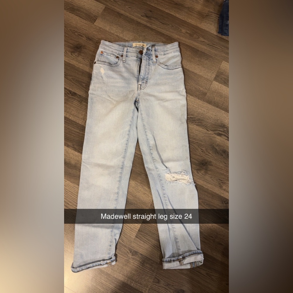 Madewell Blue Straight Leg Jeans with Distressed Knee